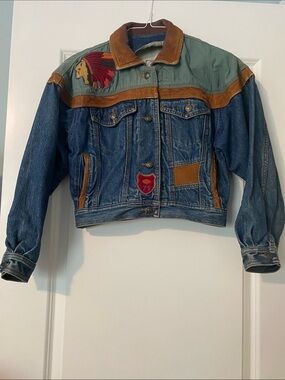 Vintage Denim Jacket with Leather Trim & Native Patch - Blue and Tan